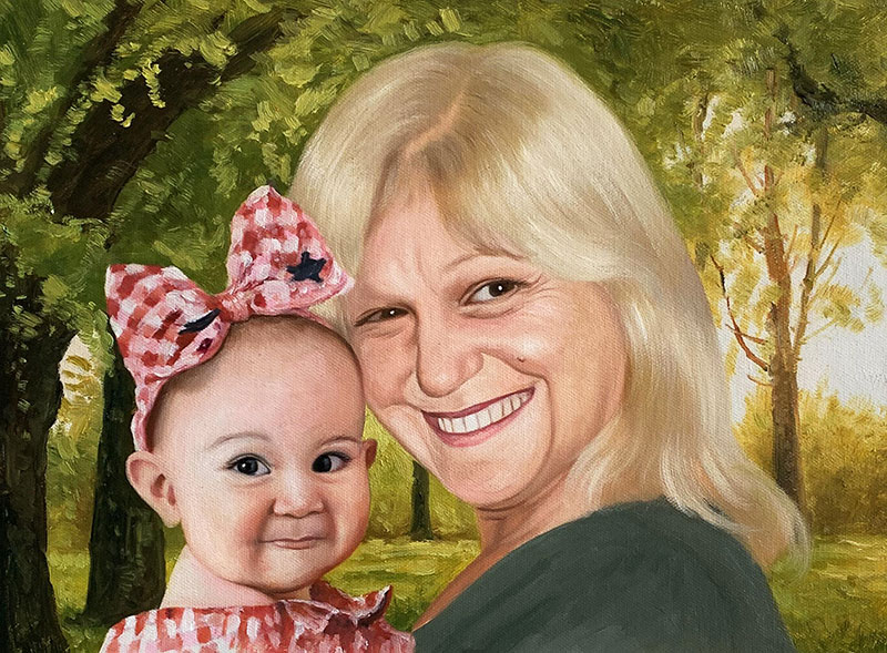 Oil painting of a grandmother and granddaughter in a park.