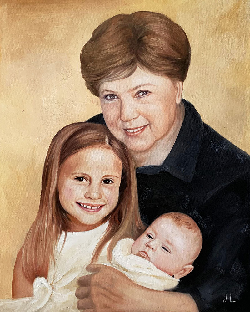 Oil painting of a grandmother with a young girl and baby.