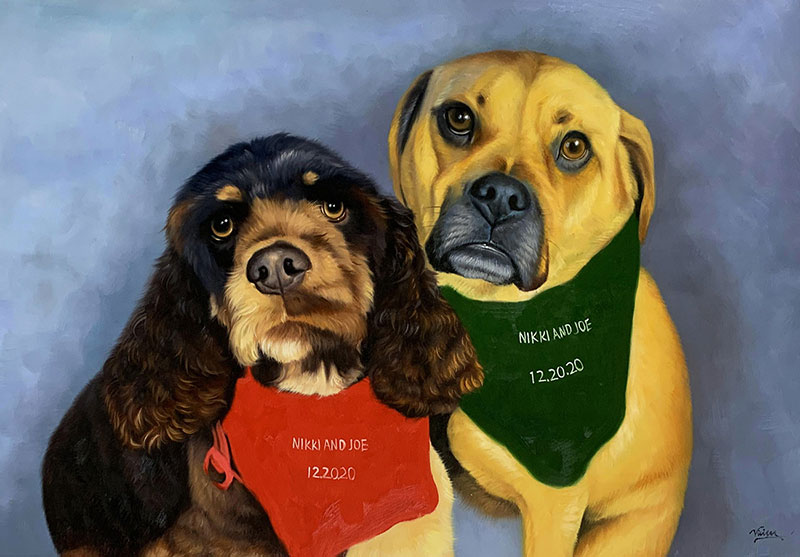 Painting of two dogs wearing bandanas that say Nikki and Joe 12.20.20.