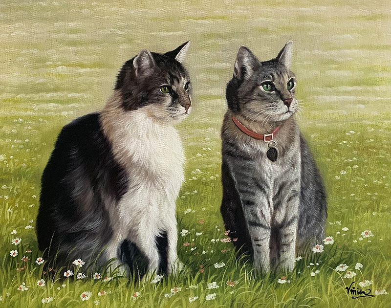 Painting of two cats sitting in a field of flowers.