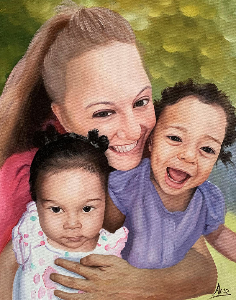 Painting of a woman holding two young children.