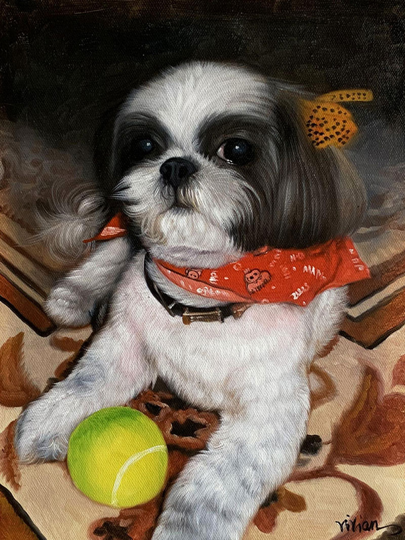 Painting of a Shih Tzu dog wearing a red bandana and next to a tennis ball.