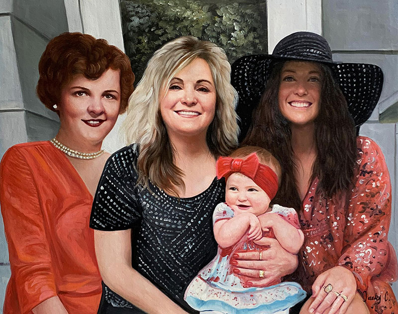 Painted portrait of four women and a baby girl.