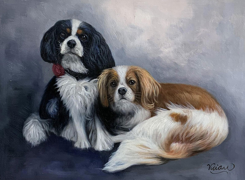 Painting of two Cavalier King Charles Spaniels, one sitting and one lying down.