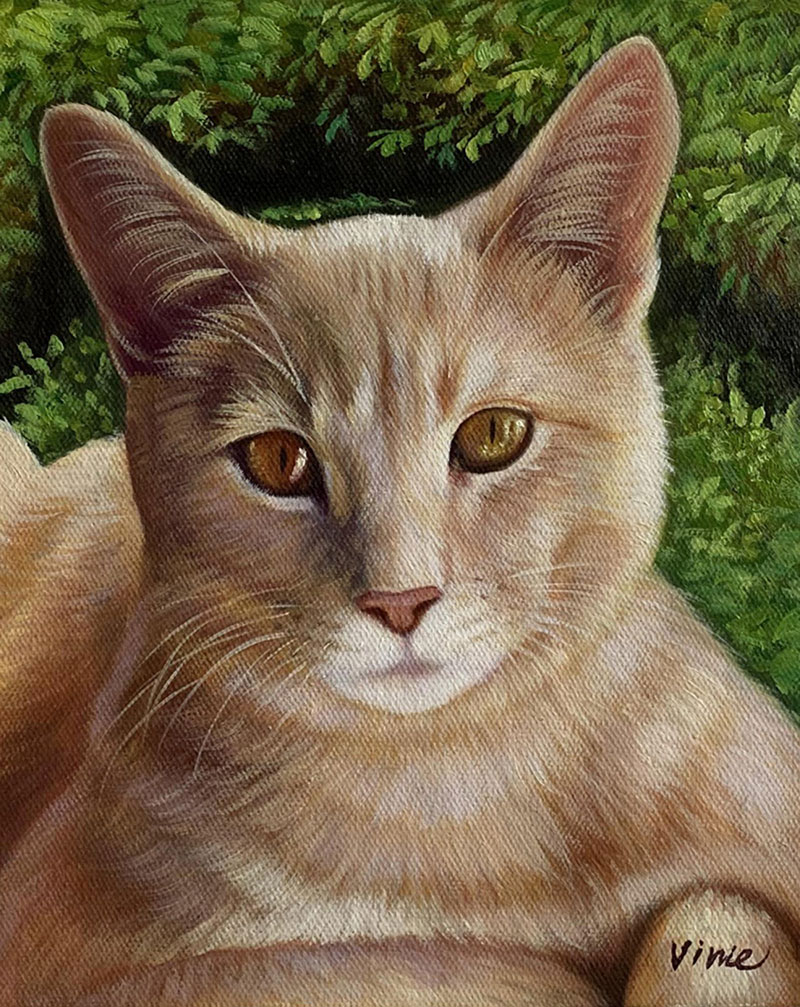 Painting of a light orange cat outdoors