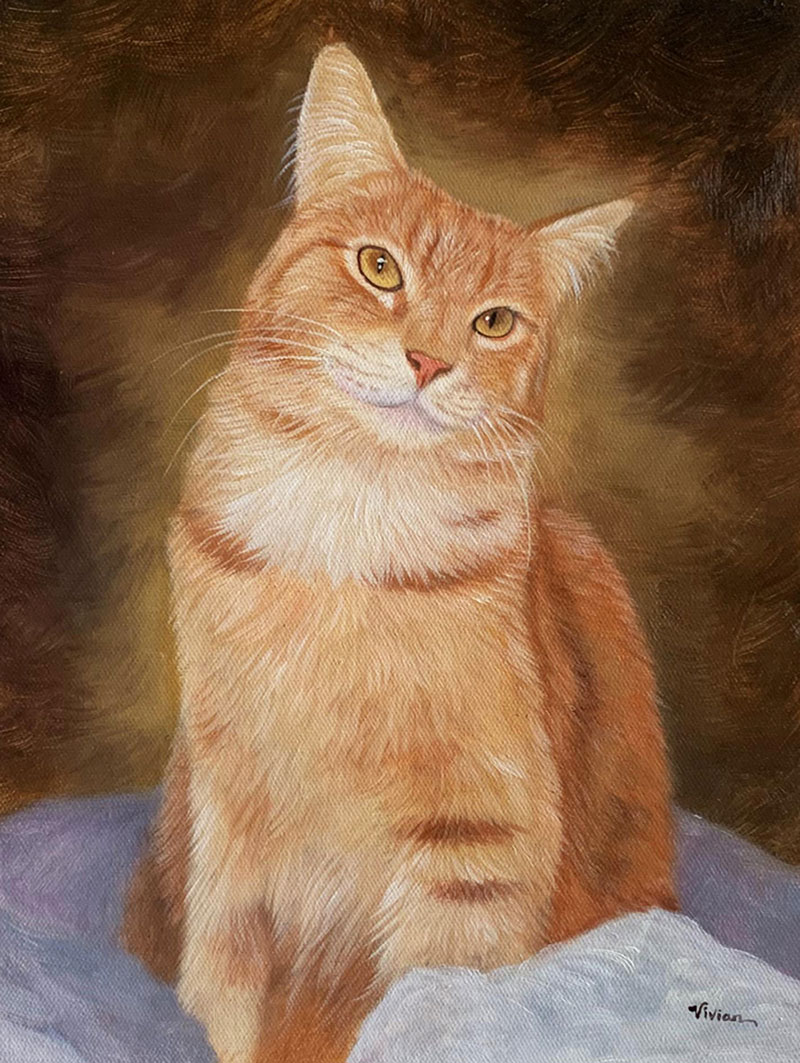 Painting of an orange tabby cat sitting on a light blue surface