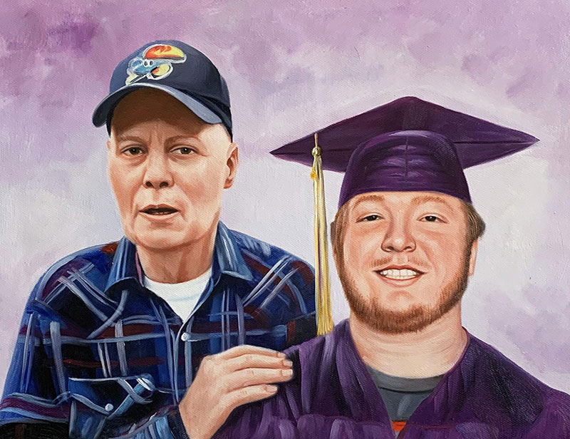 Painting of an older man in a baseball cap with a younger man in a graduation cap and gown.