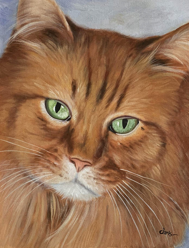 Painting of a longhaired ginger cat with green eyes