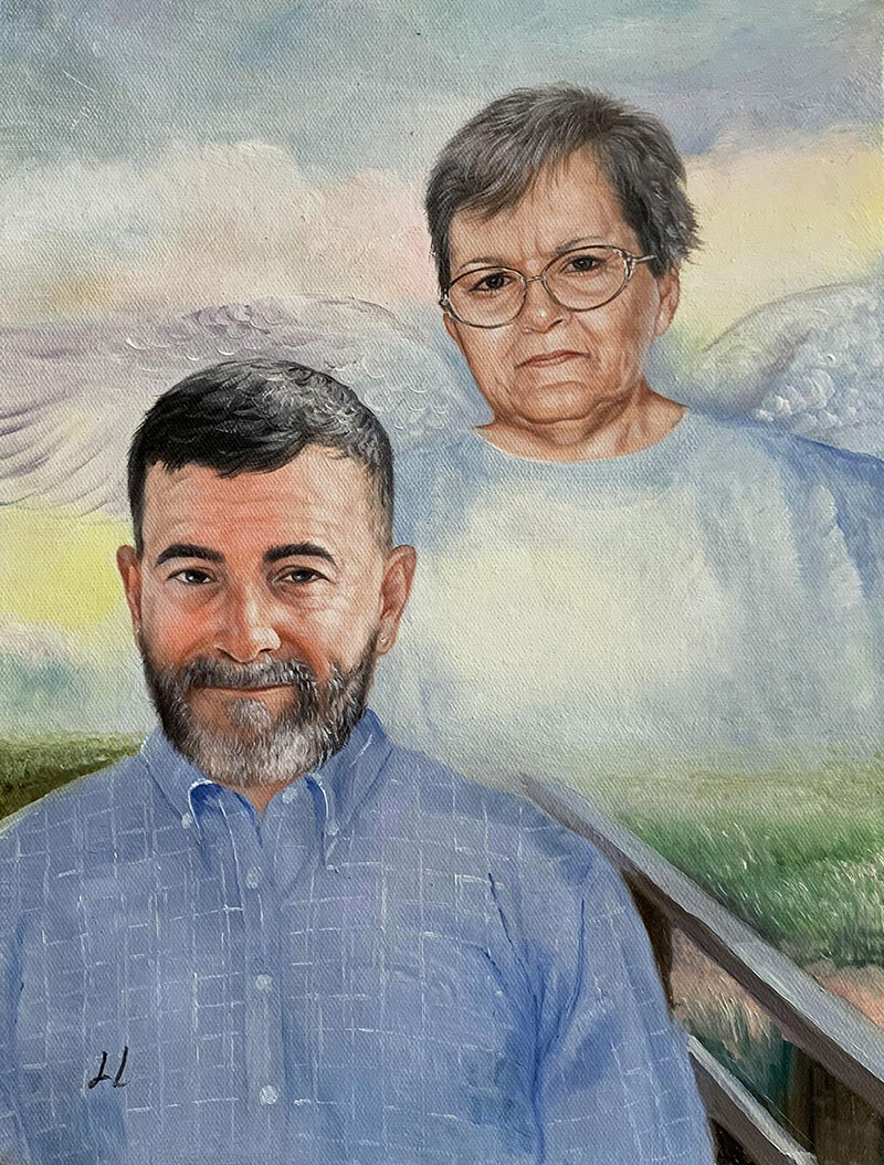 Painted portrait of a man and woman, the woman appears translucent with angel wings.