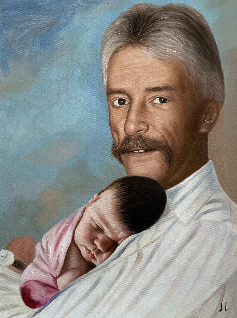 Painting of a man with graying hair and a mustache holding a sleeping baby.