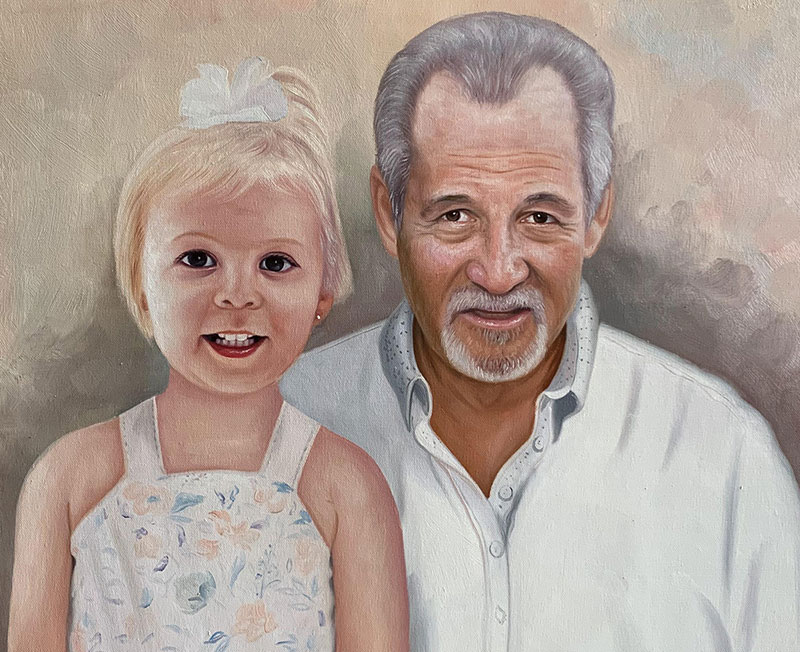 Painting of a grandfather and granddaughter.