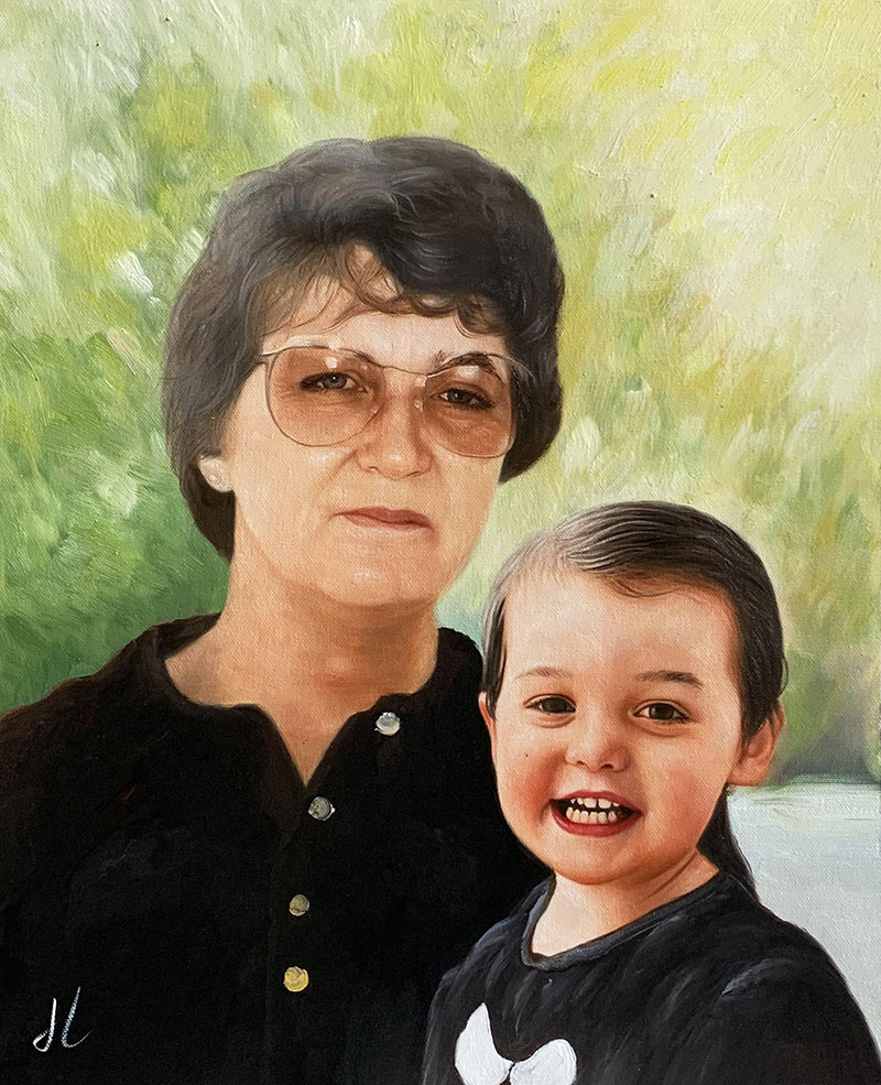 Oil painting portrait of a woman and a young child.