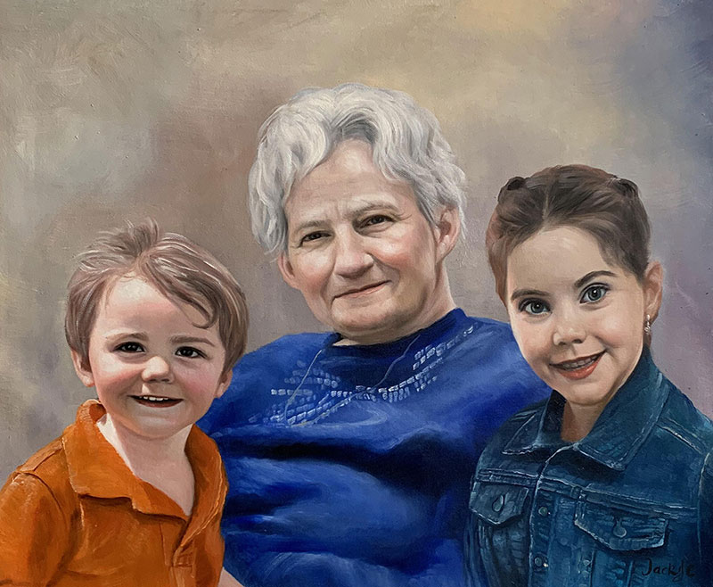 Oil painting portrait of a grandmother with a young boy and girl.