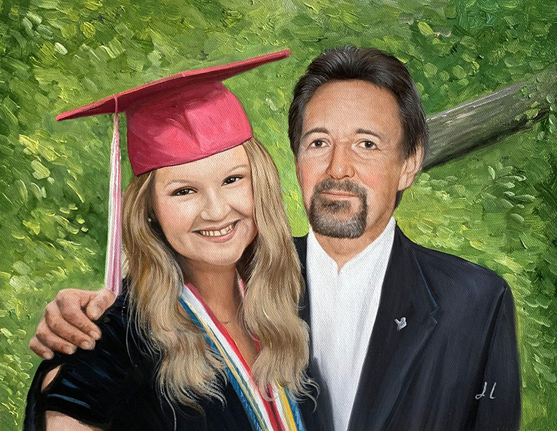 Oil painting of a female graduate and a man.