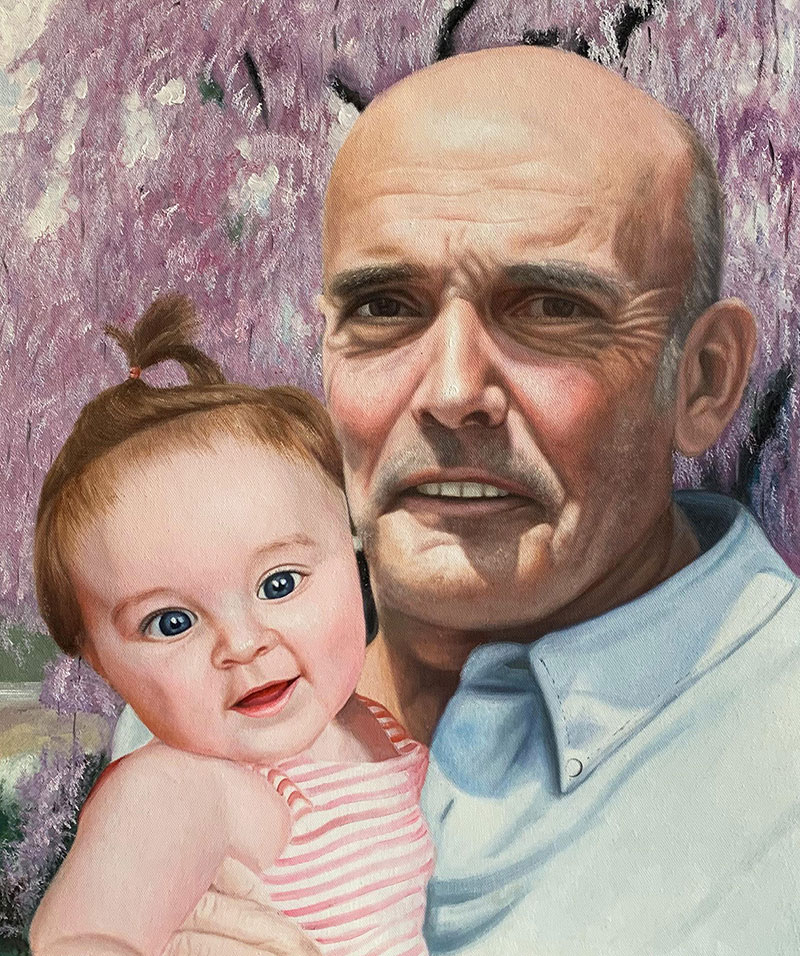 Painting of a bald older man holding a baby girl in front of purple flowers.