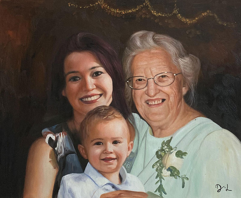 Oil painting of a woman, a toddler, and an elderly woman.