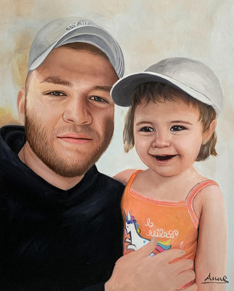 Oil painting of a man and young girl wearing matching baseball caps.