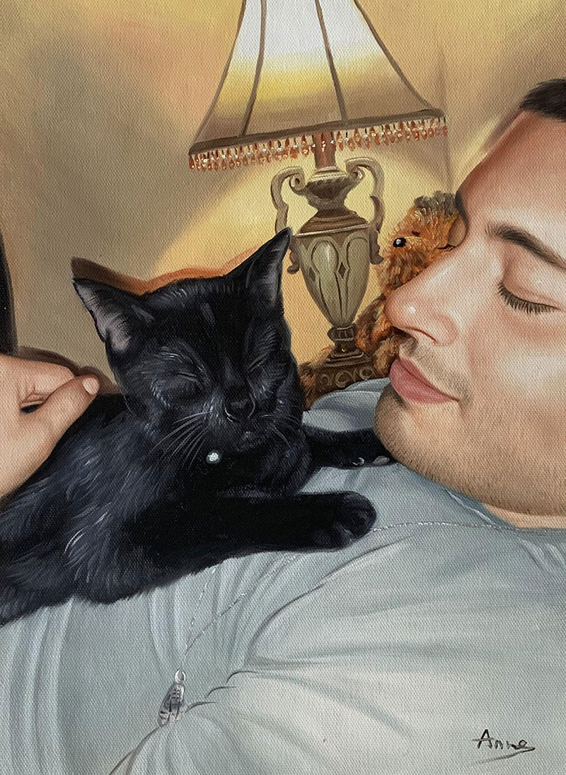 Painting of a man sleeping with a black cat on his chest, a lamp, and a stuffed animal nearby.