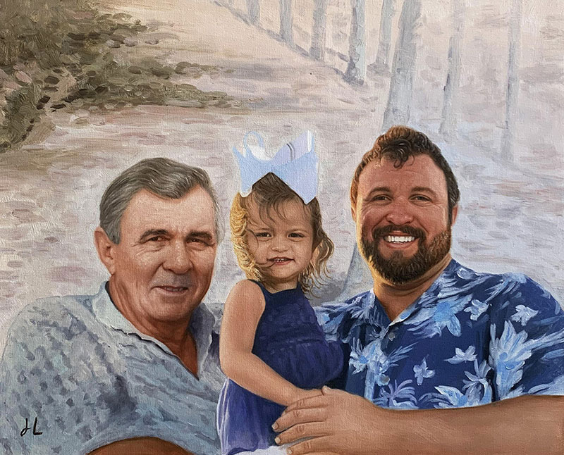 Oil painting of grandfather, toddler, and father.