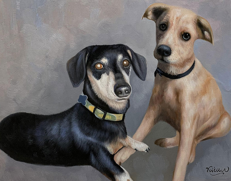 Painting of a dachshund and a tan dog sitting side-by-side.