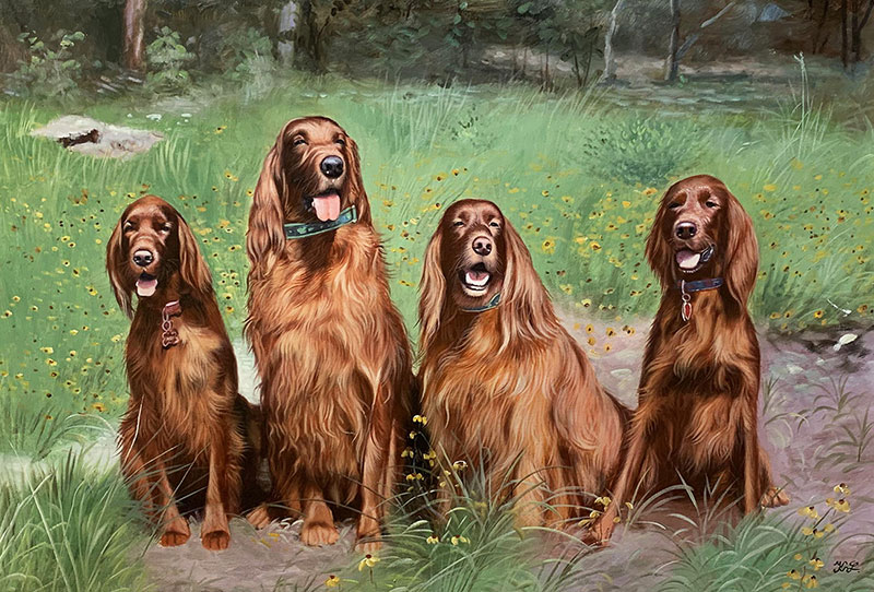 Painting of four Irish Setters sitting in a field of wildflowers.