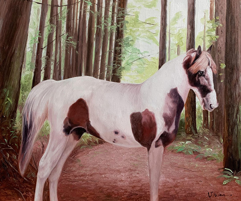 Painting of a pinto horse in a forest.