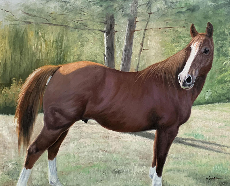 Painting of a chestnut horse with white socks in a field.
