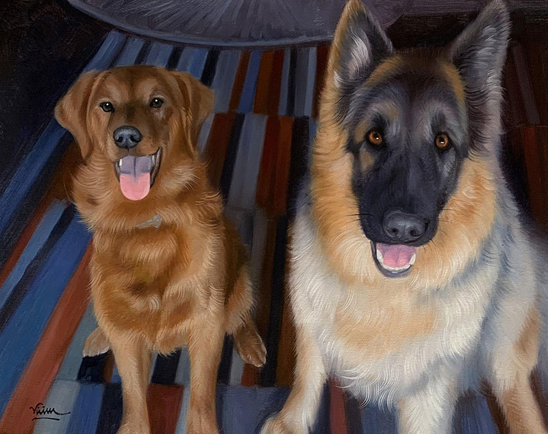 Painting of a Golden Retriever and German Shepherd sitting side-by-side on a striped rug.