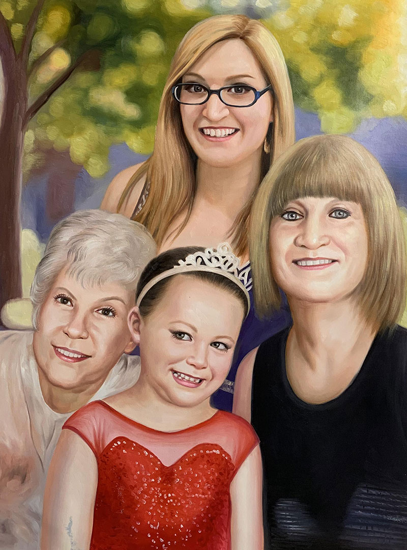 Painted portrait of four generations of women: a young girl, her mother, grandmother, and great-grandmother.