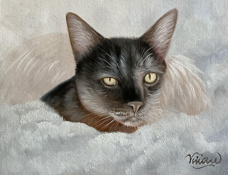 Oil painting of a gray cat with yellow eyes lying on a light gray blanket.