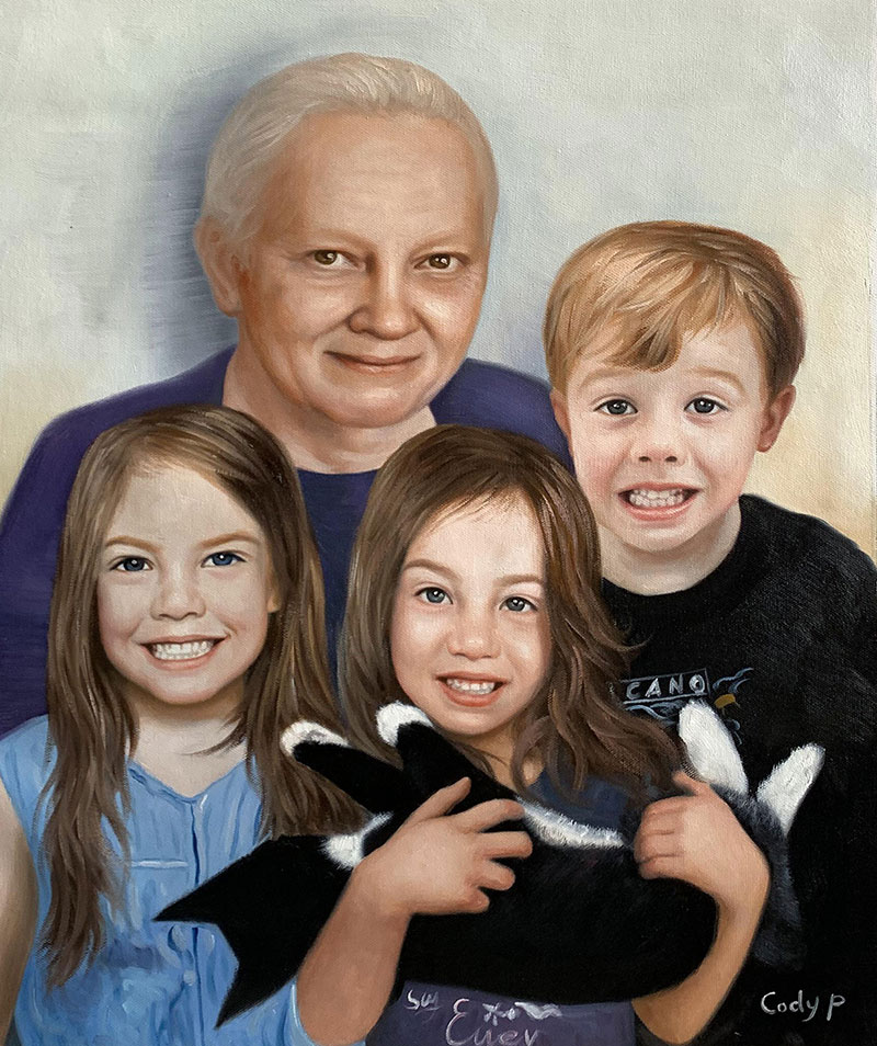 Painted portrait of a grandmother with three grandchildren and a pet.