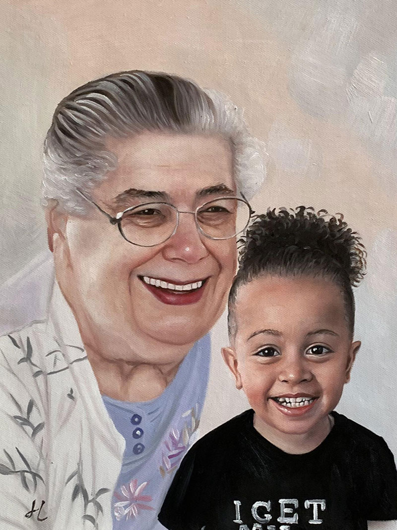 Portrait painting of a smiling elderly woman with glasses and a smiling young girl.