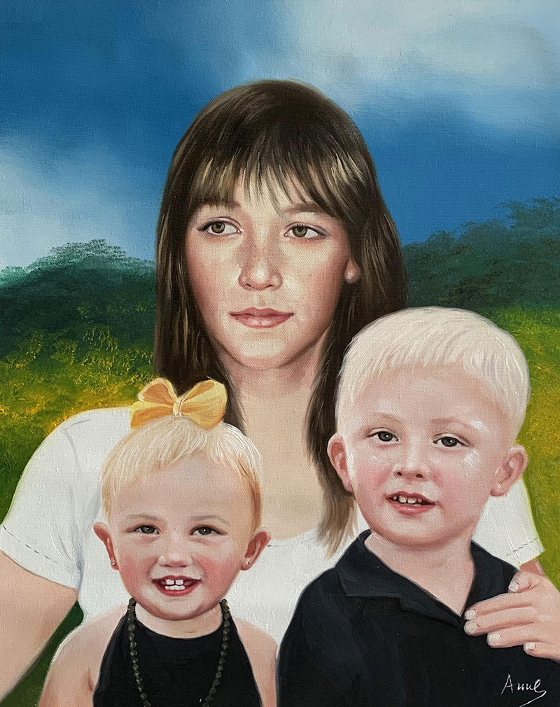 Oil painting of a woman and her two young children.