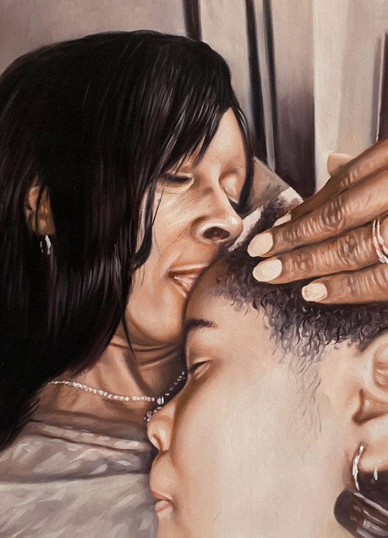 Painting of a woman tenderly embracing a child.
