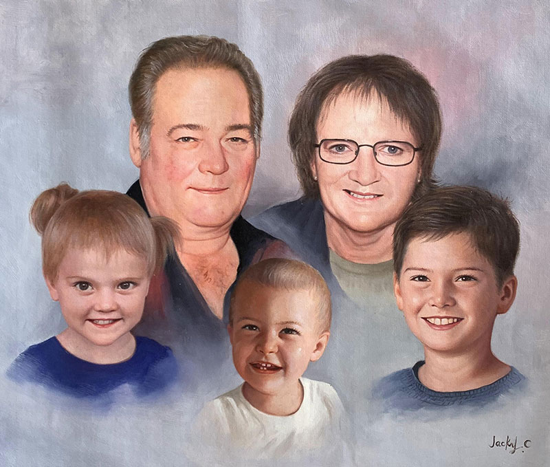 Painted portrait of a family: grandparents, a girl, a boy, and a toddler.