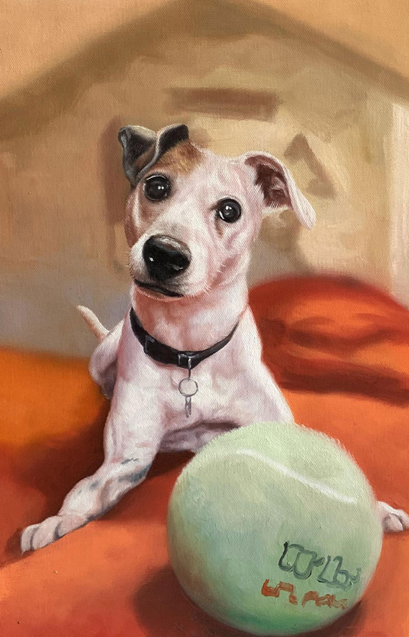 Painting of a Jack Russell Terrier sitting next to a tennis ball.