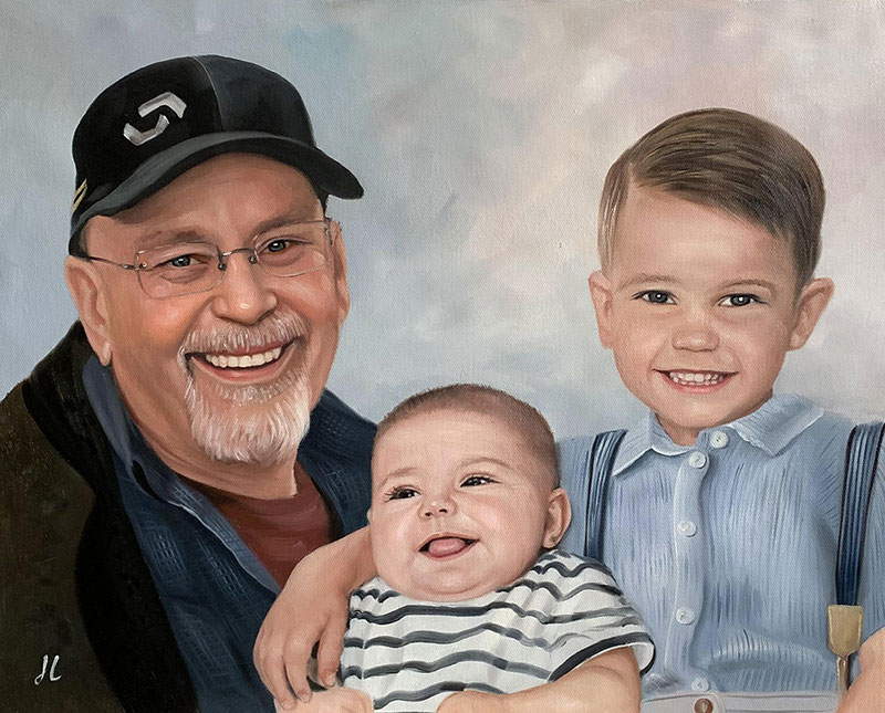 Oil painting portrait of a grandfather with his two grandsons.