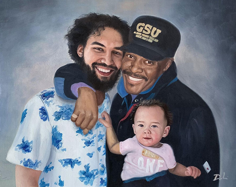 Painted portrait of two men and a baby, one man has his arm around the other man`s shoulders.