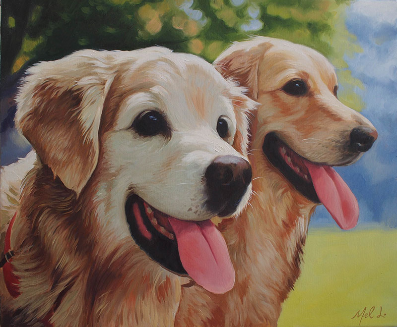 Painting of two Golden Retrievers with their tongues out