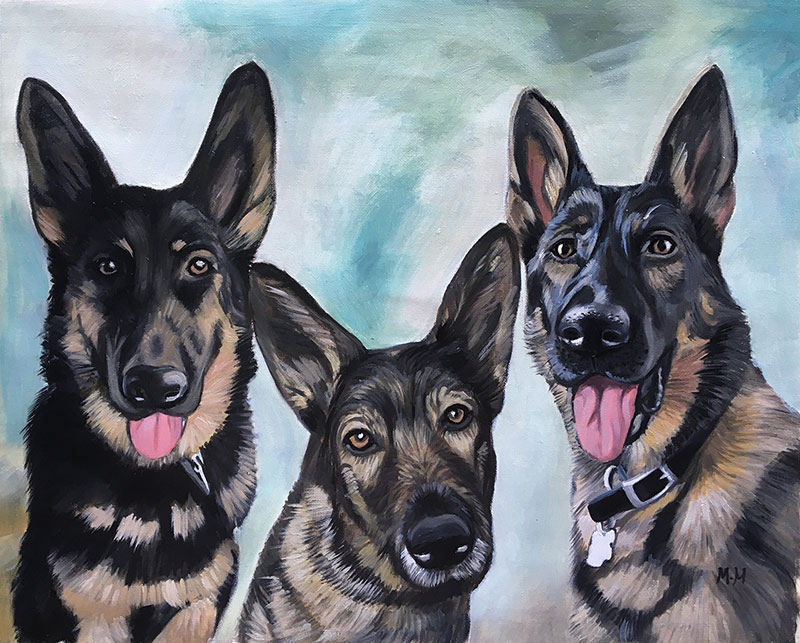 Painting of three German Shepherd dogs.