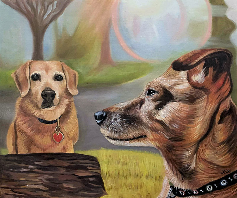 Painting of two dogs, one light brown and one reddish-brown, outdoors.