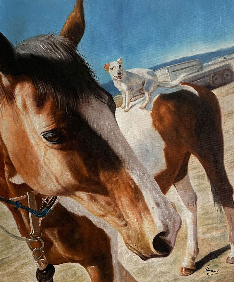 Painting of a brown and white horse with a small white dog sitting on its back