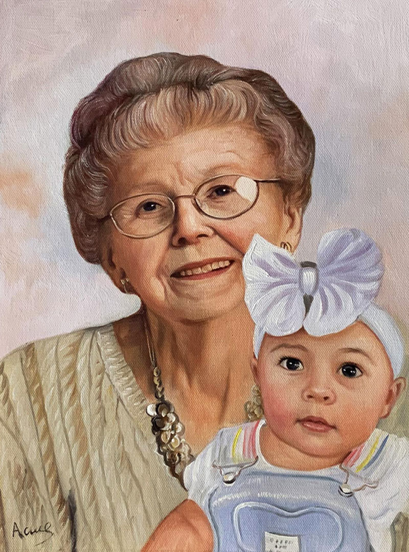 Painted portrait of an elderly woman with glasses holding a baby girl wearing a bow.