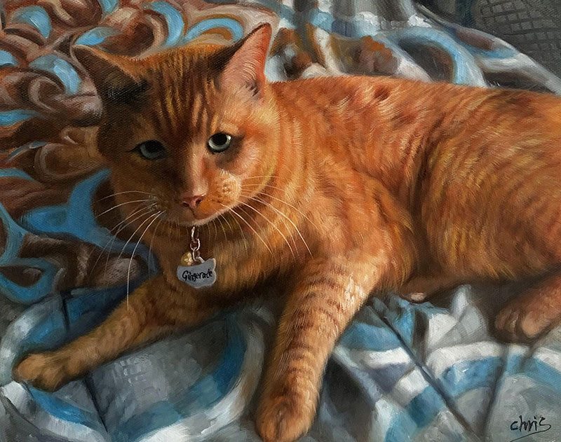 Painting of an orange tabby cat wearing a name tag that reads Gingercat lying on a patterned blanket.