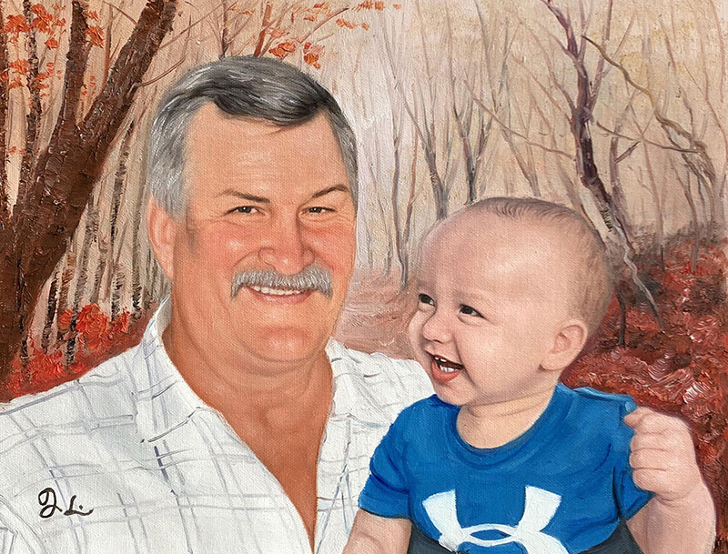 Beautiful handmade oil portrait of a grandfather and a kid