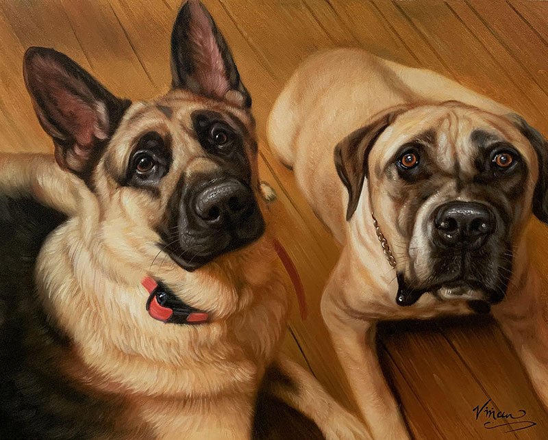 Painting of a German Shepherd and a Mastiff sitting on a wood floor, looking up.