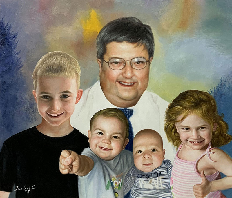 Custom handmade oil painting of a father and children