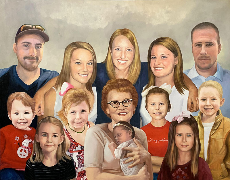 Beautiful handmade oil family portrait of thirteen people