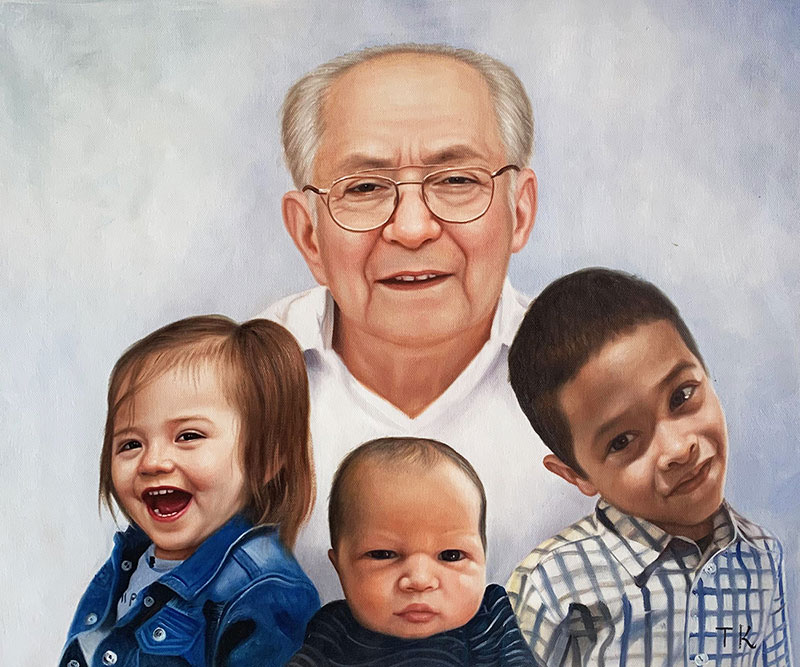 Custom oil painting of a man with three kids