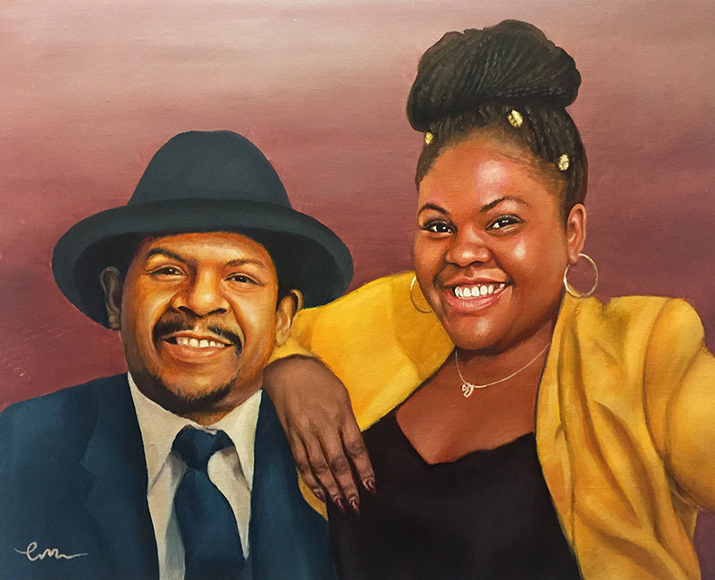 Painted portrait of a man in a suit and hat with a woman in a yellow jacket.